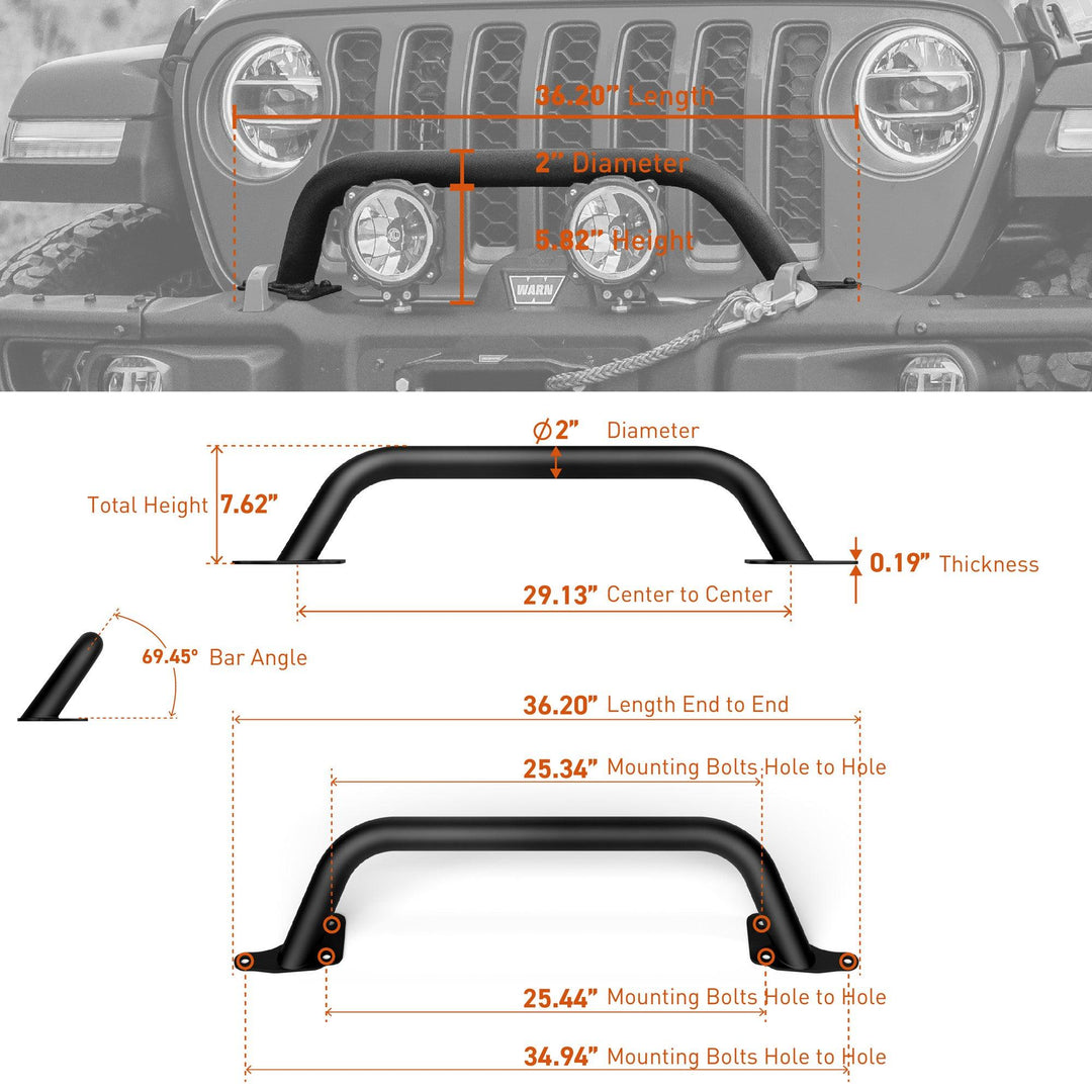 Rocktrix front brush 7.6" height - Compatible with 2018+ Jeep Wrangler JL, 2019+ Gladiator JT - Steel Bar Grille Guard for Steel Rubicon Bumper #size_7-inch-height
