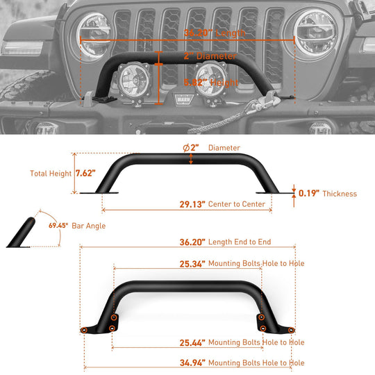 Rocktrix front brush 7.6" height - Compatible with 2018+ Jeep Wrangler JL, 2019+ Gladiator JT - Steel Bar Grille Guard for Steel Rubicon Bumper #size_7-inch-height