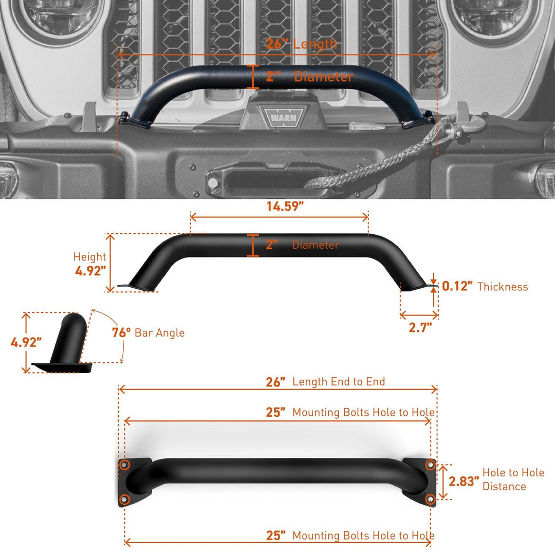 Rocktrix front brush 4.92" height - Compatible with 2018+ Jeep Wrangler JL, 2019+ Gladiator JT - Steel Bar Grille Guard for Steel Rubicon Bumper #size_5-inch-height