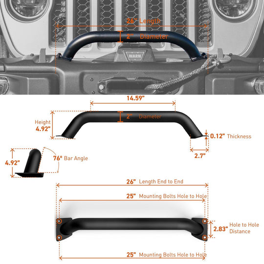 Rocktrix front brush 4.92" height - Compatible with 2018+ Jeep Wrangler JL, 2019+ Gladiator JT - Steel Bar Grille Guard for Steel Rubicon Bumper #size_5-inch-height