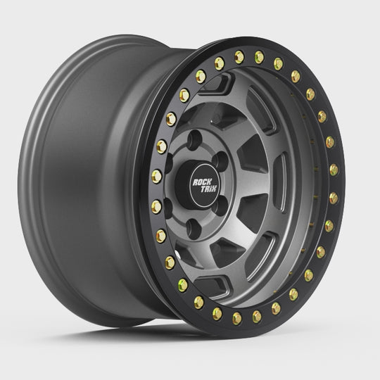 Rocktrix Offroad Wheels RT117BL Matte Gunmetal Beadlock rims - 6 lug holes 360 degree video