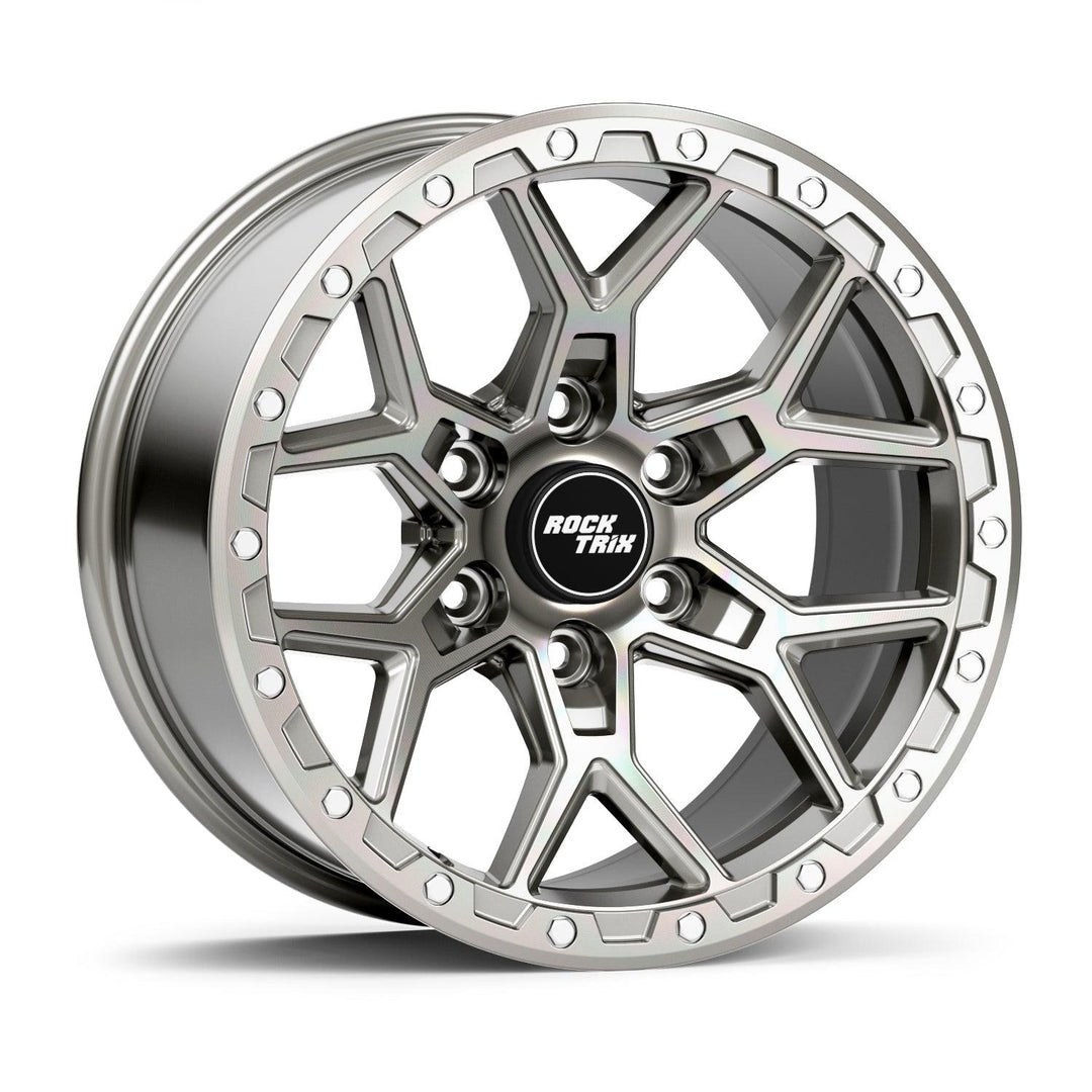 Rocktrix Offroad Wheels RT107 Machined Silver, 6x135 | 87.1 17x9, available in 18x9, 20x9 Gunmetal Gray Rims for Toyota Tacoma 4Runner, Ford F150 Bronco