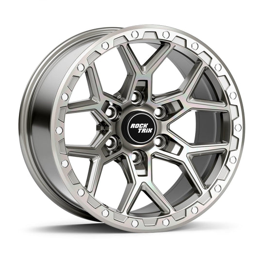 Rocktrix Offroad Wheels RT107 Machined Silver, 6x135 | 87.1 17x9, available in 18x9, 20x9 Gunmetal Gray Rims for Toyota Tacoma 4Runner, Ford F150 Bronco