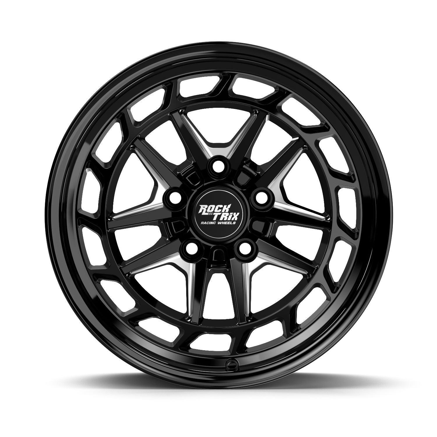 Rocktrix Offroad Wheels - RT118 - 5 Split Spoke Angular Aerofin - Milled Gloss Black / 5x127 | 71.5 / 17x9 | ET-12 (4.5") - Rims for Tacoma 4Runner F150 Bronco Wrangler Gladiator