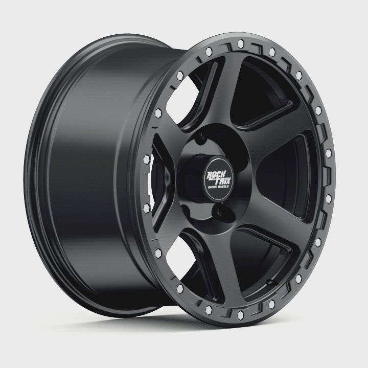 RockTrix RT112 Six Spoke Classic Wheel - Matte Black 5 lug holes 360 degree rotating view