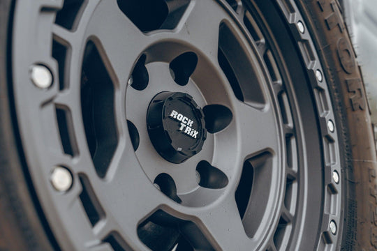 RT115 Matte Gunmetal 17x9 rim on Toyota Tacoma TRD Pro - Rocktrix Offroad Wheel Center Cap - Rugged.