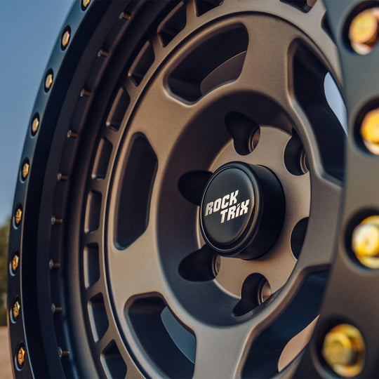 Rocktrix wheel center cap V2 Black - on RT115BL Beadlock wheel. Cap is compatible with 4-Lug, 5-Lug, 6-Lug wheel. 