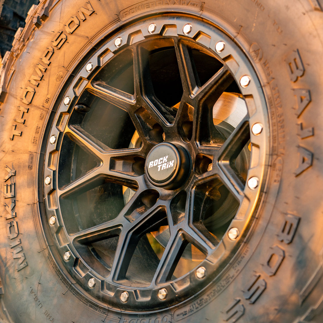 Rocktrix wheel center cap V2 Black - on RT107 wheel. Cap is compatible with 4-Lug, 5-Lug, 6-Lug wheel. 