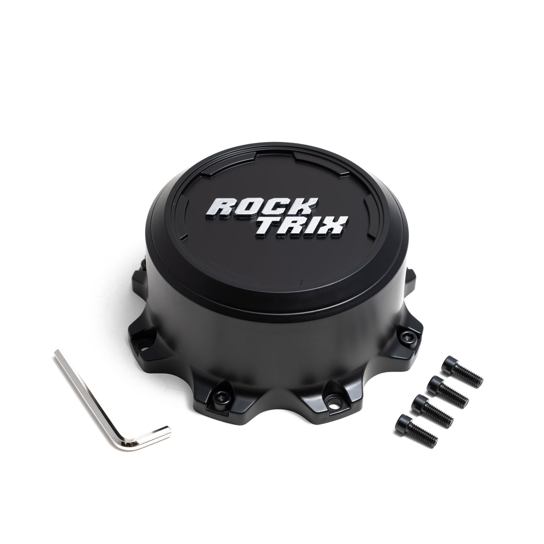 Rocktrix Wheel Center Cap for Heavy Duty 8 Lug Rim - Black Tall. Installation tool and 4 lug nuts included.