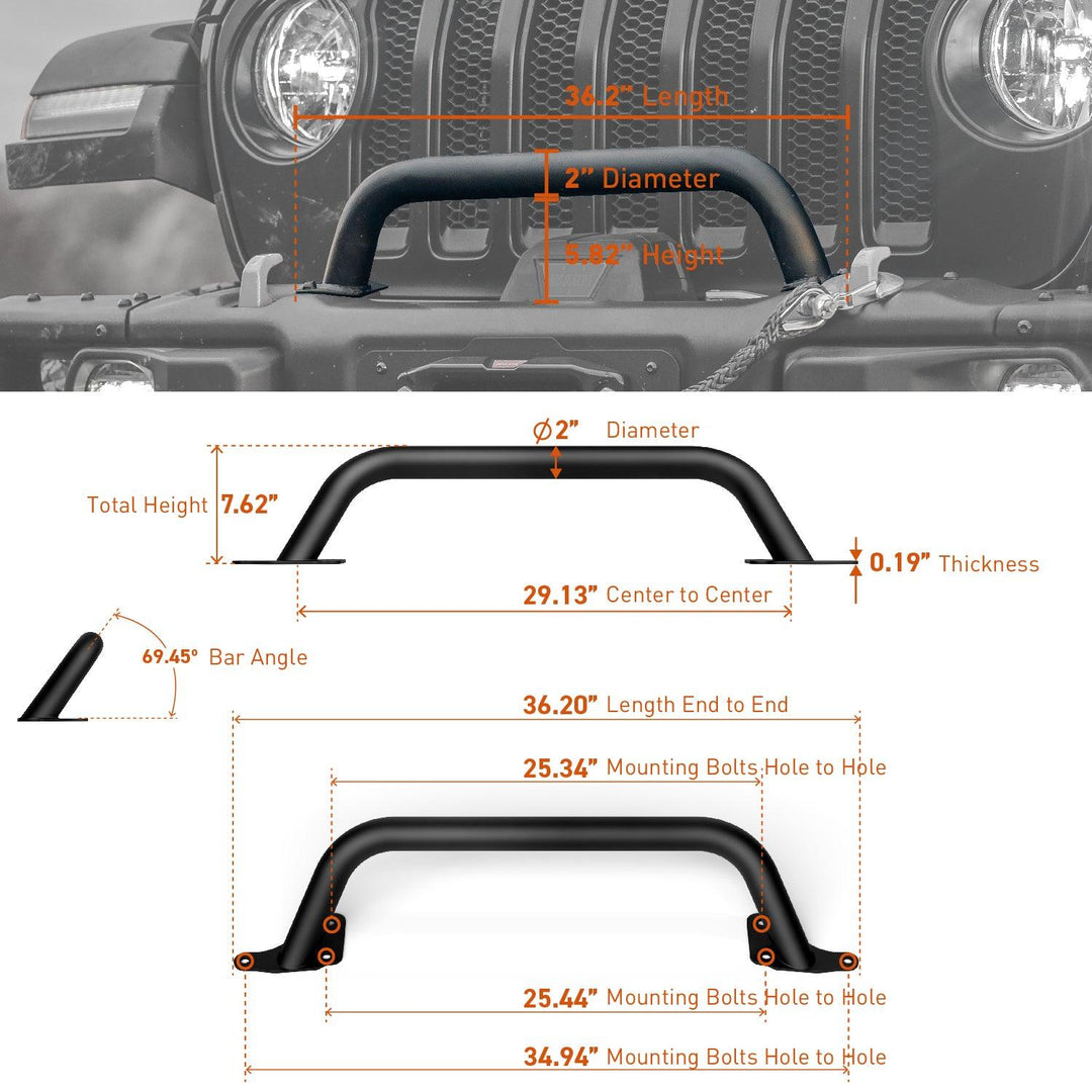 Rocktrix Offroad Brush Guard / Grille Guard - Jeep Wrangler JL Gradiator JT. Dimensions