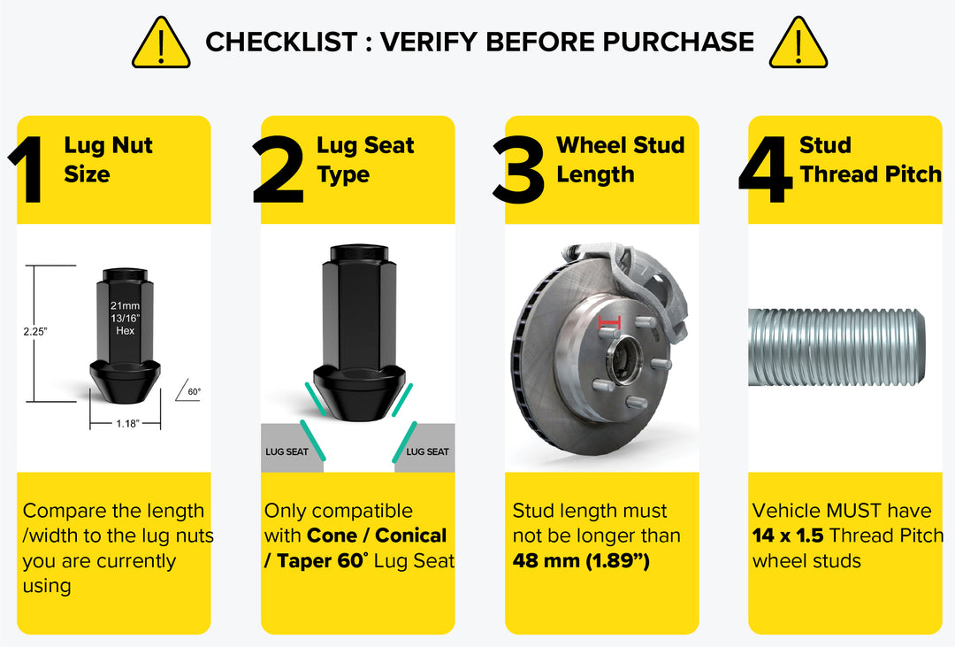 RockTrix offroad wheel lug nuts, cone seat, HD, heavy duty, XL extended length, closed bulge, black. Verify before purchase checklist