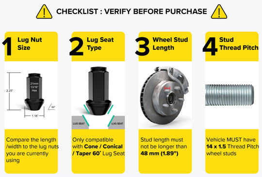 RockTrix offroad wheel lug nuts, cone seat, HD, heavy duty, XL extended length, closed bulge, black. Verify before purchase checklist