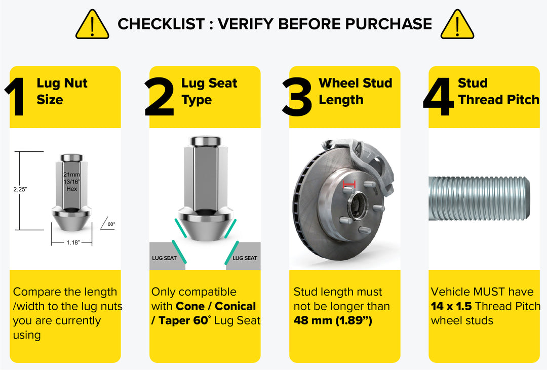 RockTrix offroad wheel lug nuts, cone seat, HD, heavy duty, XL extended length, closed bulge, Silver. Verify before purchase checklist