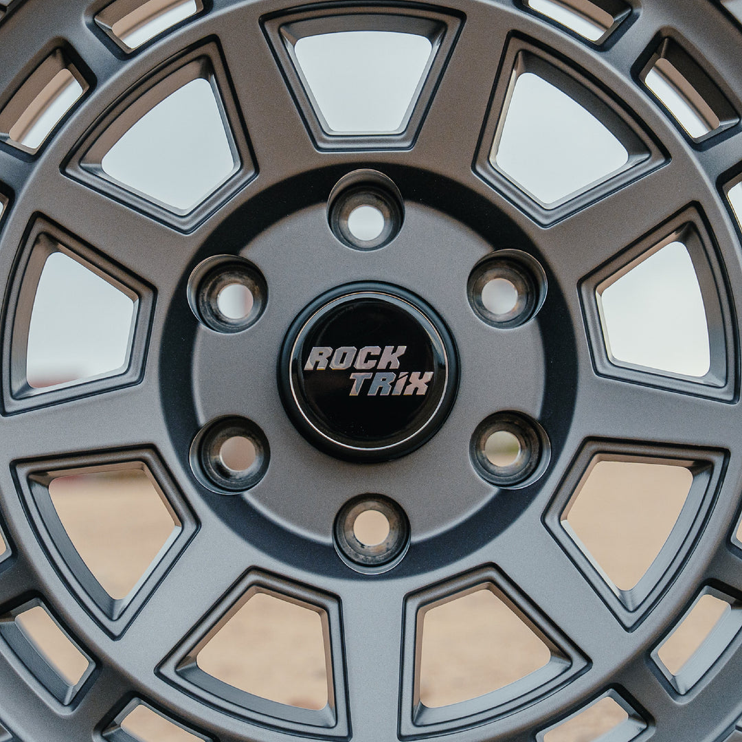 RockTrix Wheel Center Cap V2 on RT114 Matte Gunmetal rim