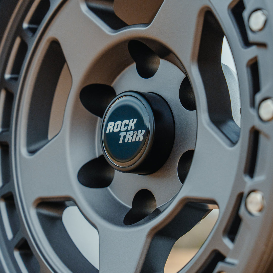 RockTrix Wheel Center Cap V2 on RT115 Matte Gunmetal rim