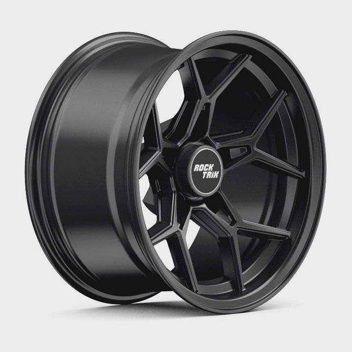 Rocktrix Offroad Wheels - RT105 Five Split-Spoke Mesh -  15x8, 5x114.3, 71.5, ET-19, Matte Black Rims for Jeep. 360 degree video