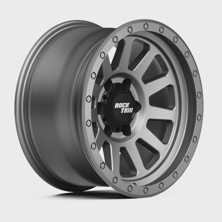 Rocktrix RT120 11 straight spoke 17x9 wheel, Matte Gunmetal, 6 lug 6x135 / 6x139.7, fits Ford, Toyota, Lexus, Chevrolet, GMC