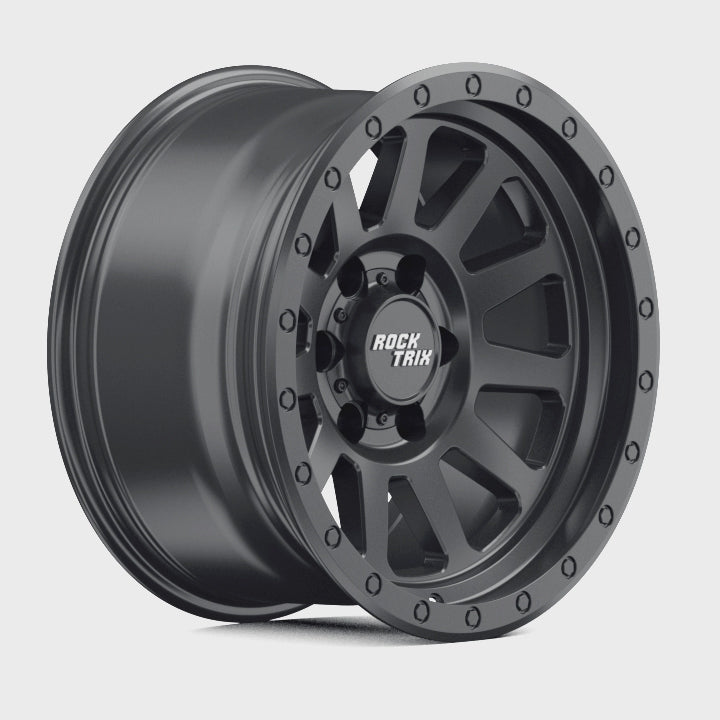 Rocktrix RT120 11 straight spoke 17x9 wheel, Matte Black, 6 lug 6x135 / 6x139.7, fits Ford, Toyota, Lexus, Chevrolet, GMC