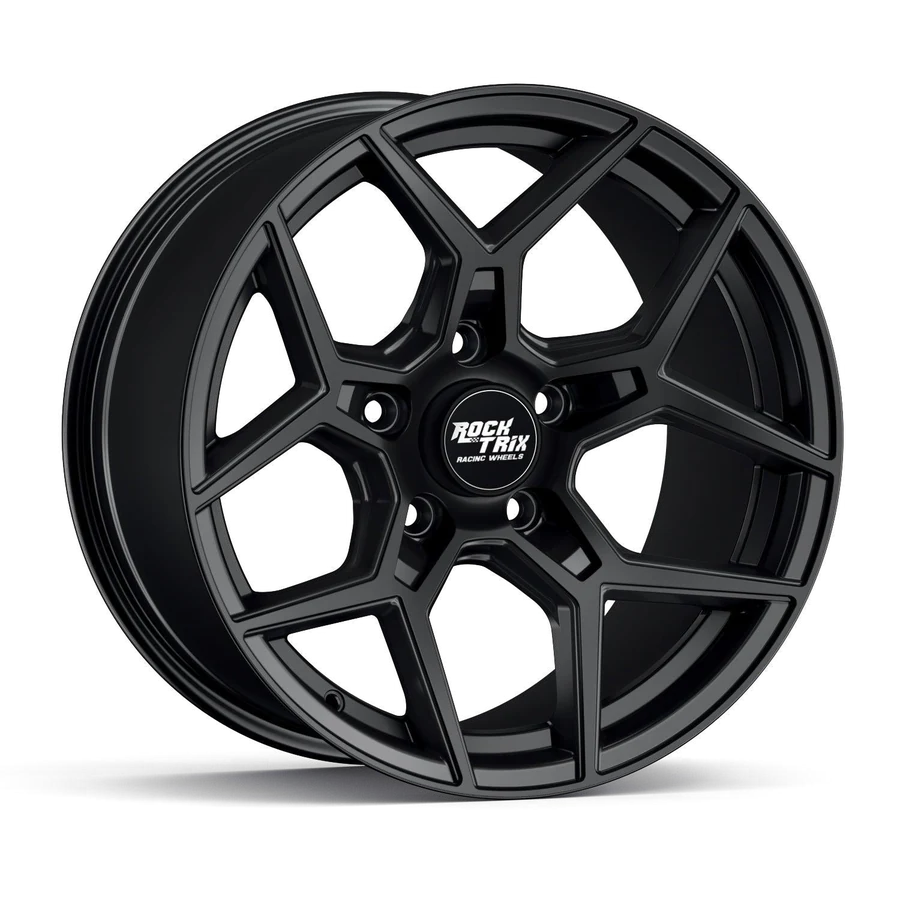 Rocktrix RT105 five split-spoke mesh wheel in Matte Black, studio shot on white, three-quarter front view