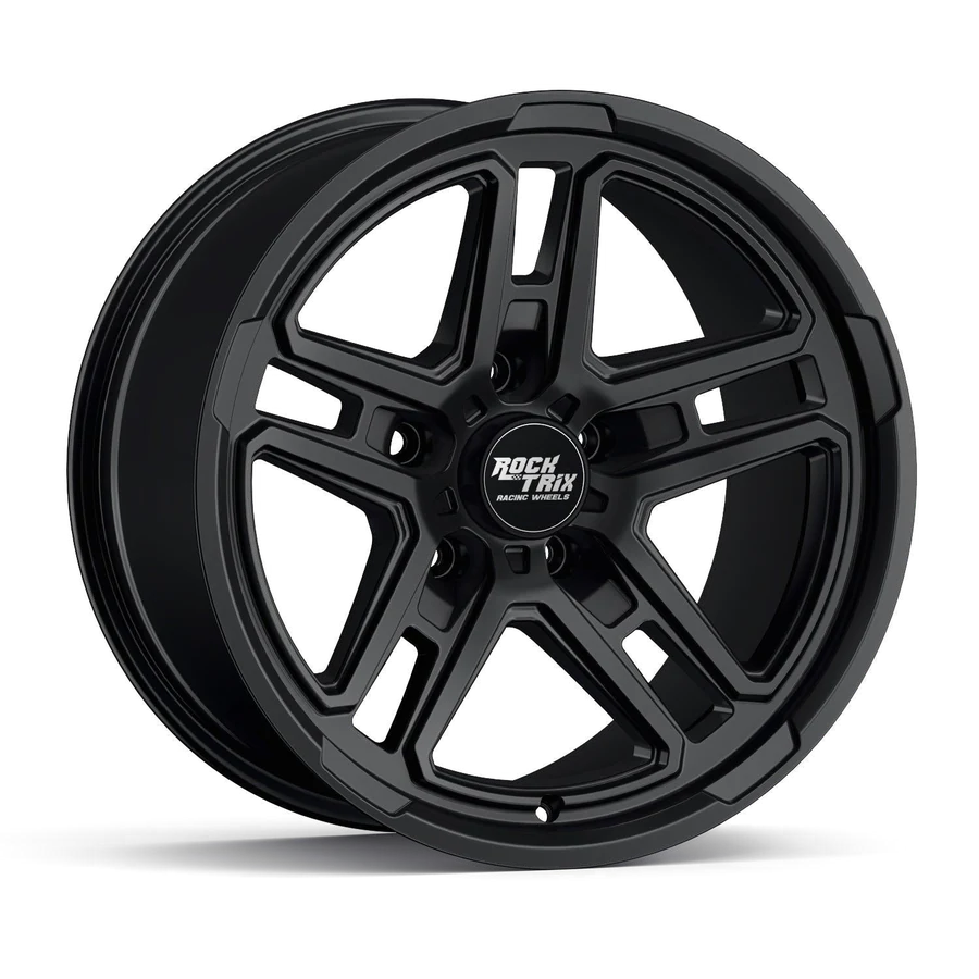 Rocktrix RT108 five dual spoke wheel in Matte Black, studio shot on white, three-quarter front view