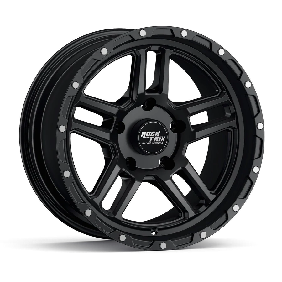 Rocktrix RT109 five dual spoke lip wheel in Matte Black, studio shot on white, three-quarter front view