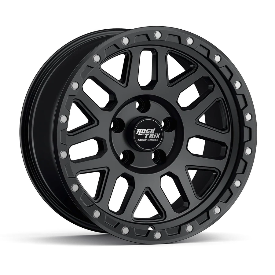 Rocktrix RT110 classic seven split spoke mesh wheel in Matte Black, 5-lug, studio shot on white, three-quarter front view