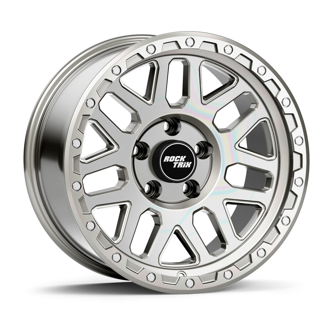 Rocktrix Offroad Wheels - RT110 Machined Silver 5x127 | 71.5 / 17x9 /18x9 | ET-12 (4.5") Rims for Jeep Wrangler JK, JL, JT, Grand Cherokee WK, WK2, Commander XK