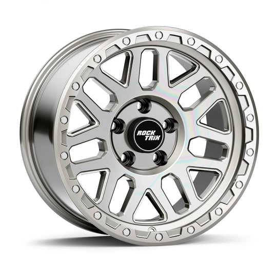 Rocktrix Offroad Wheels - RT110 Machined Silver 5x127 | 71.5 / 17x9 /18x9 | ET-12 (4.5") Rims for Jeep Wrangler JK, JL, JT, Grand Cherokee WK, WK2, Commander XK