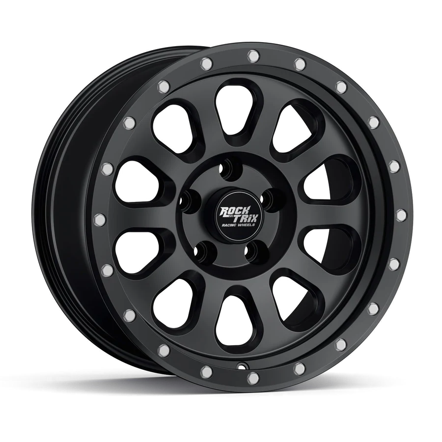 Rocktrix RT111 teardrop multispoke wheel in Matte Black, 5-lug, studio shot on white, three-quarter front view