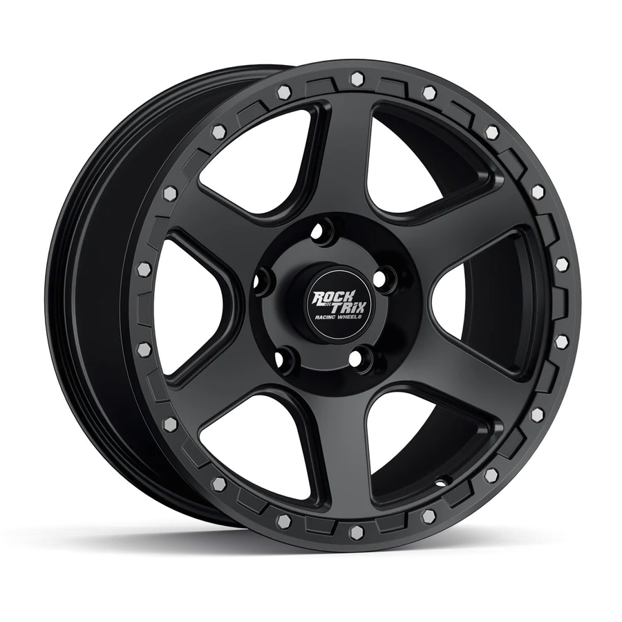 Rocktrix RT112 six spoke classic wheel in Matte Black, 5-lug, studio shot on white, three-quarter front view