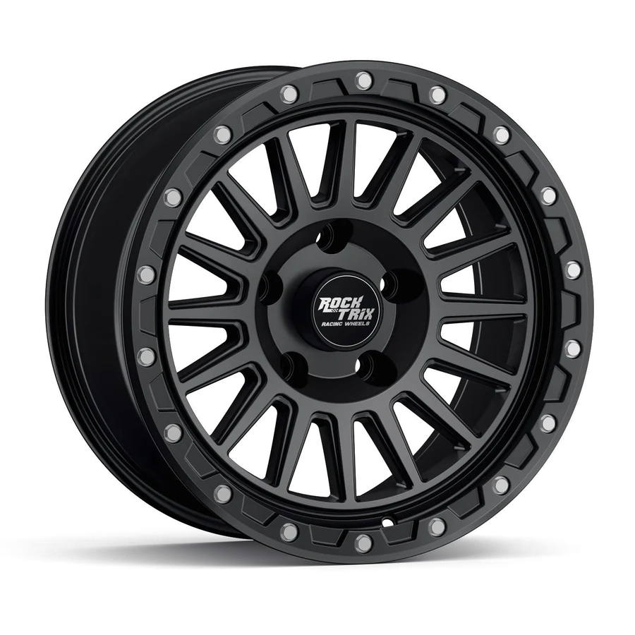 Rocktrix RT113 multi straight spokes wheel in Matte Black, 5-lug, studio shot on white, three-quarter front view
