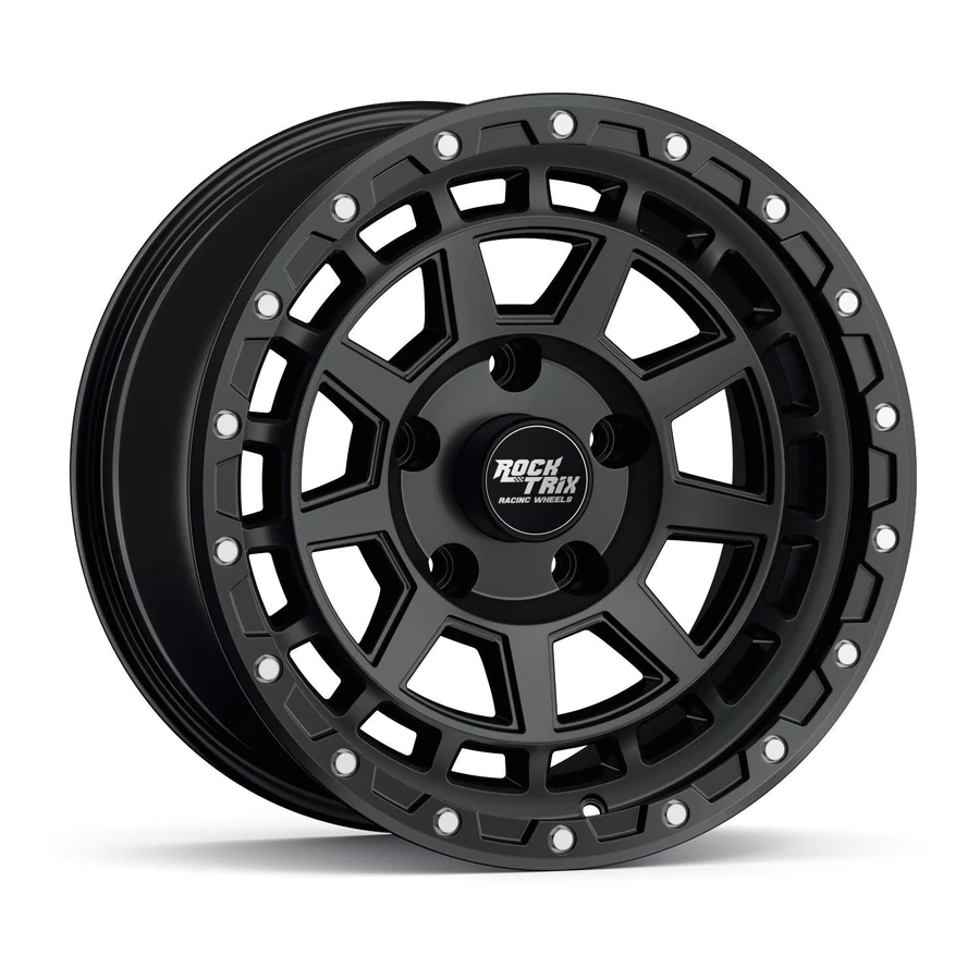 Rocktrix RT114 9 flat spokes wheel in Matte Black, 5-lug, studio shot on white, three-quarter front view