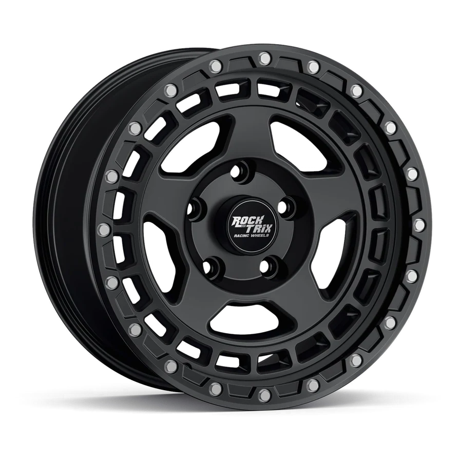 Rocktrix RT115 modern 5 spoke wheel in Matte Black, 5-lug, studio shot on white, three-quarter front view