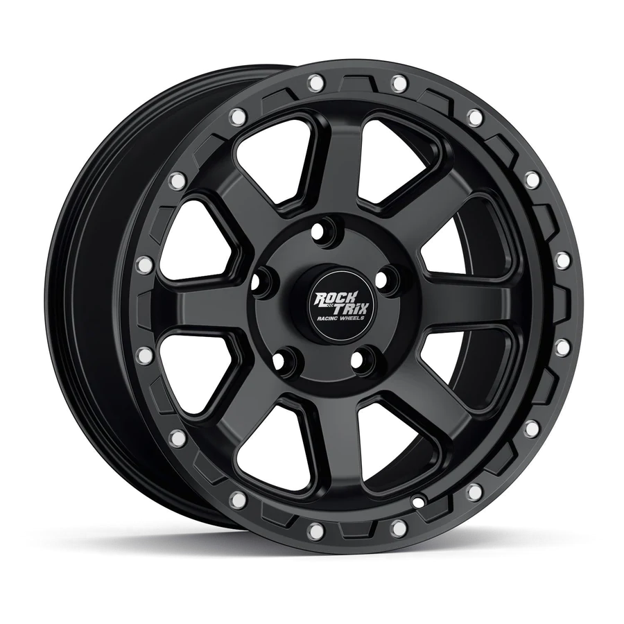 Rocktrix RT116 8 straight spoke wheel in Matte Black, 5-lug, studio shot on white, three-quarter front view