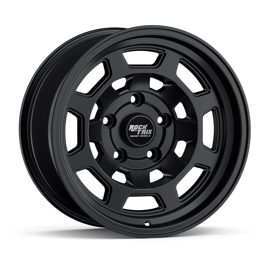 Rocktrix RT117 double 8 spoke wheel in Matte Black, 5-lug, studio shot on white, three-quarter front view