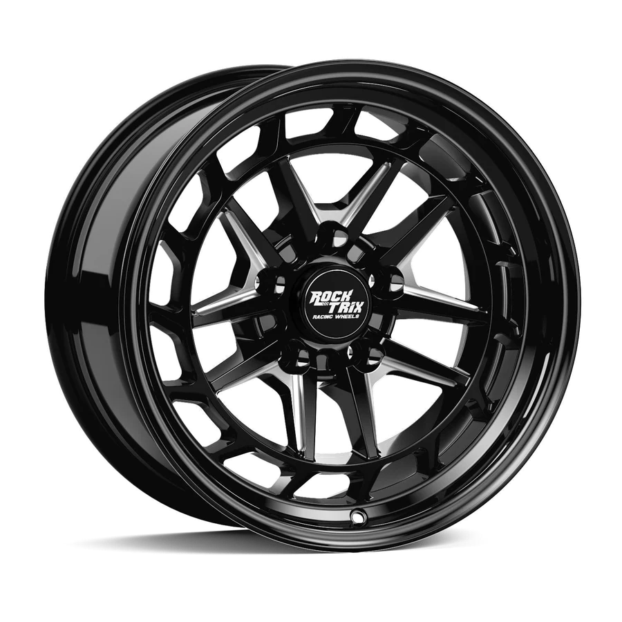 Rocktrix RT118 5 split spoke angular aerofin wheel in Milled Gloss Black, studio shot on white, three-quarter front view