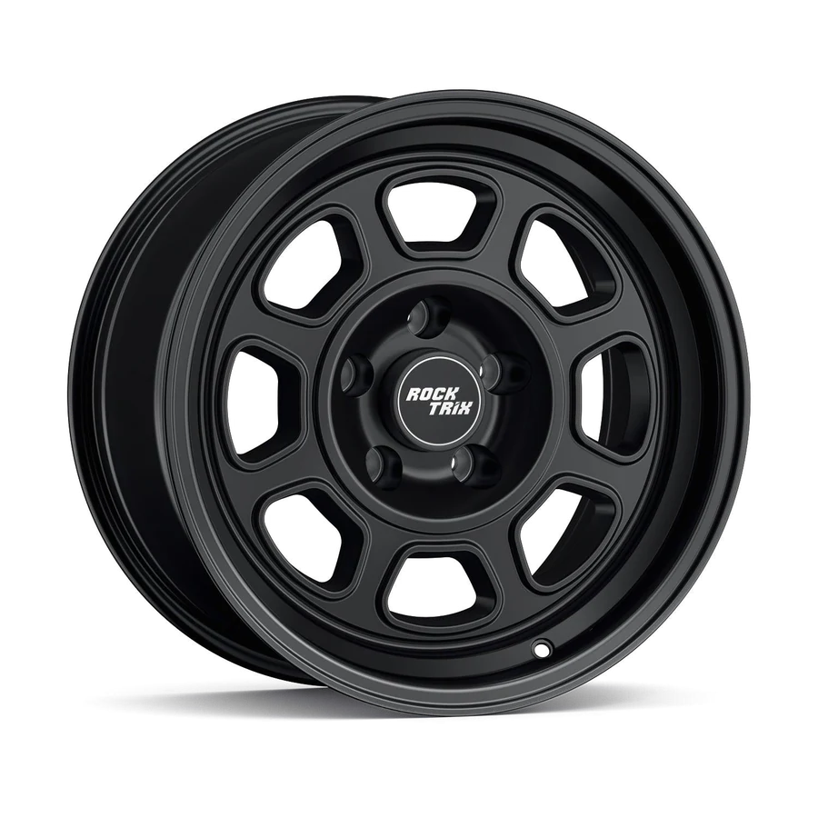Rocktrix RT119 eight spoke bordered windows wheel in Matte Black, 5-lug, studio shot on white, three-quarter front view
