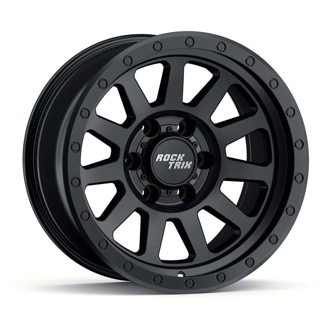 Rocktrix RT120 11 straight spoke 17x9 wheel, Matte Black, 6 lug 6x135 / 6x139.7, fits Ford, Toyota, Lexus, Chevrolet, GMC