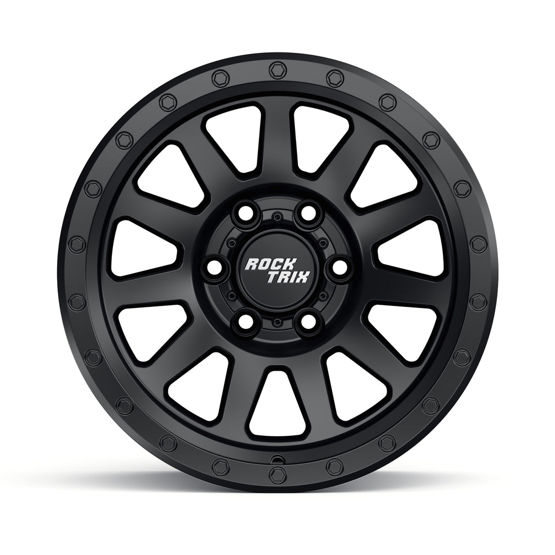 Rocktrix RT120 11 straight spoke 17x9 wheel, Matte Black, 6 lug 6x135 / 6x139.7, fits Ford, Toyota, Lexus, Chevrolet, GMC