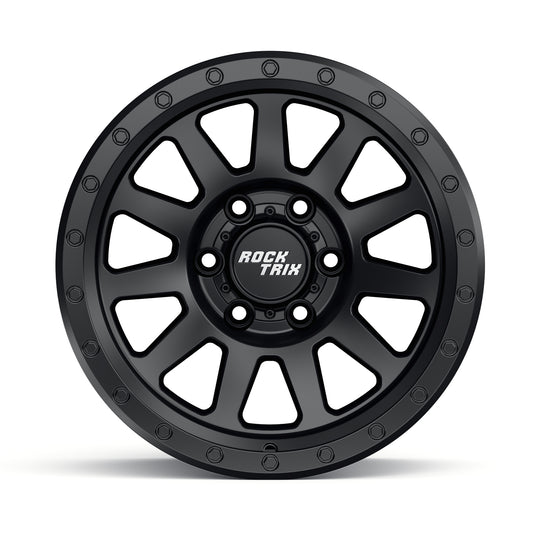 Rocktrix RT120 11 straight spoke 17x9 wheel, Matte Black, 6 lug 6x135 / 6x139.7, fits Ford, Toyota, Lexus, Chevrolet, GMC