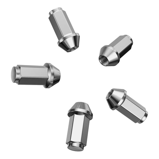 RockTrix offroad wheel lug nuts, cone seat, HD, heavy duty, XL extended length, closed bulge, silver