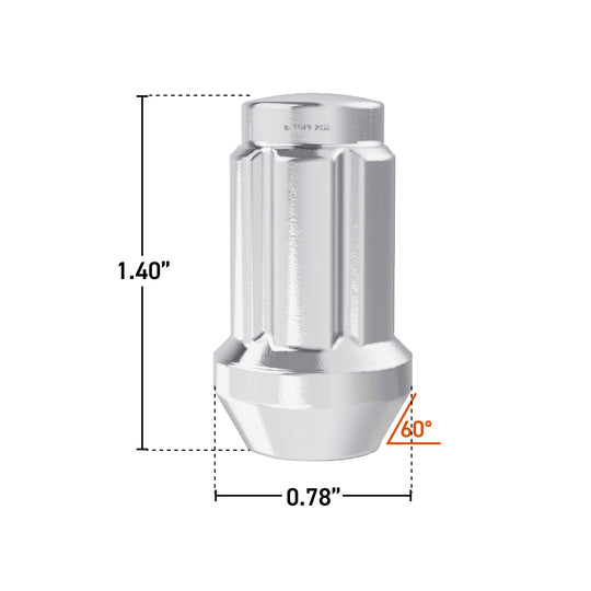RockTrix 1/2"x20 Spline Lug Nuts - Silver - Dimension: 1.40" (Height), 0.78" (Diameter)