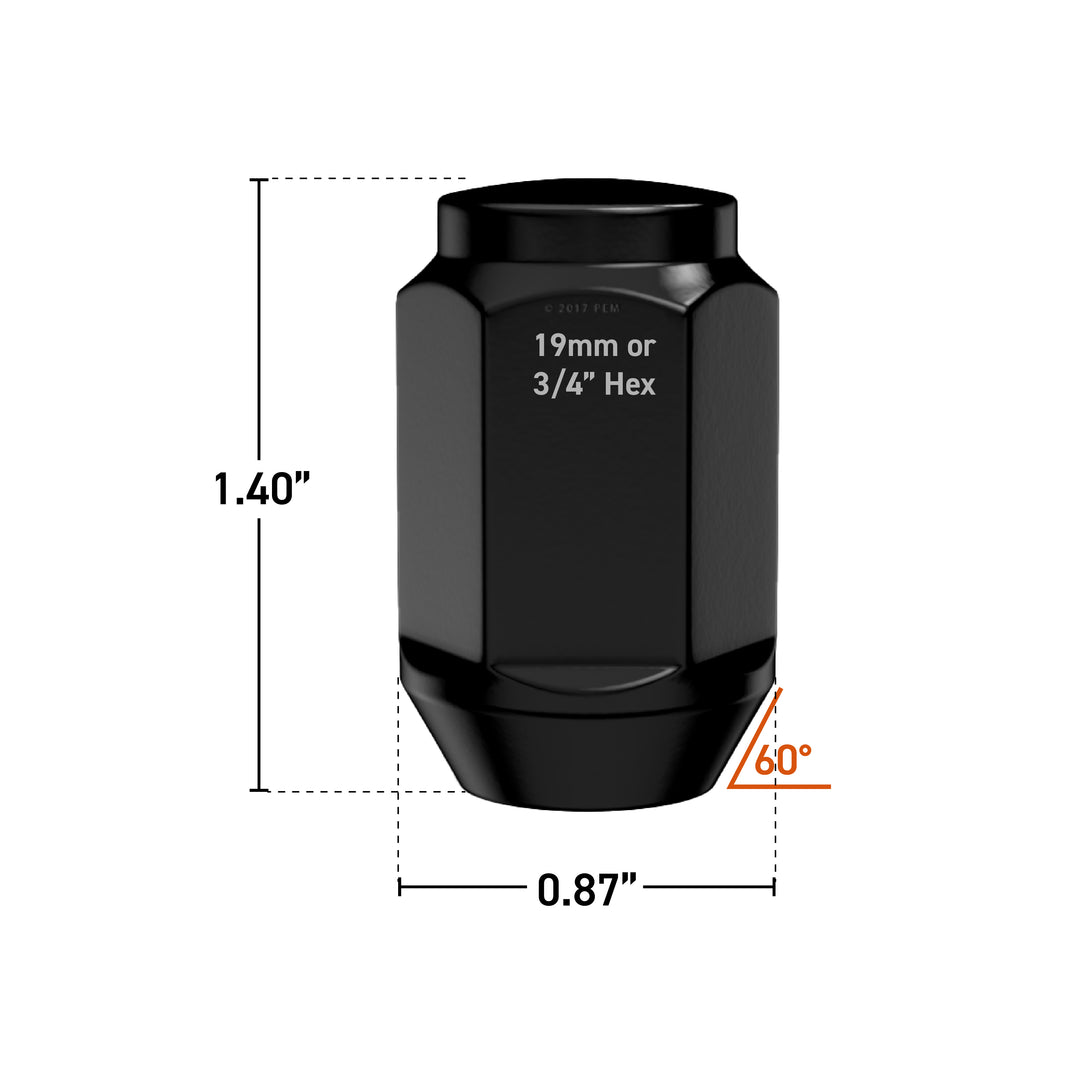 RockTrix 1/2"x20 Bulge Lug Nuts - Black - Dimension: 1.40" (Height), 0.87" (Diameter), 19mm or 3/4" Hex 