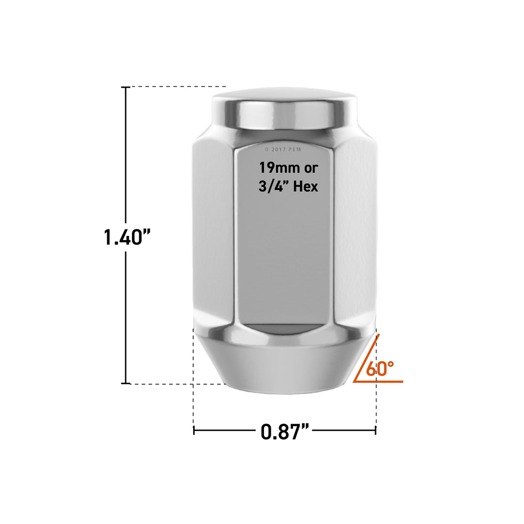 RockTrix 1/2"x20 Bulge Lug Nuts - Silver - Dimension: 1.40" (Height), 0.87" (Diameter), 19mm or 3/4" Hex 
